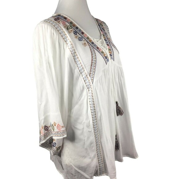Women Whites Embroidered Multi Tassel Tie V-neckline Lace Up Peasant Top M - Picture 5 of 10